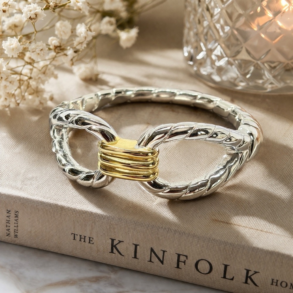 Two Tone Knot Hinged Bangle Bracelet Silver Gold Tone Love Knot Cuff Elegant